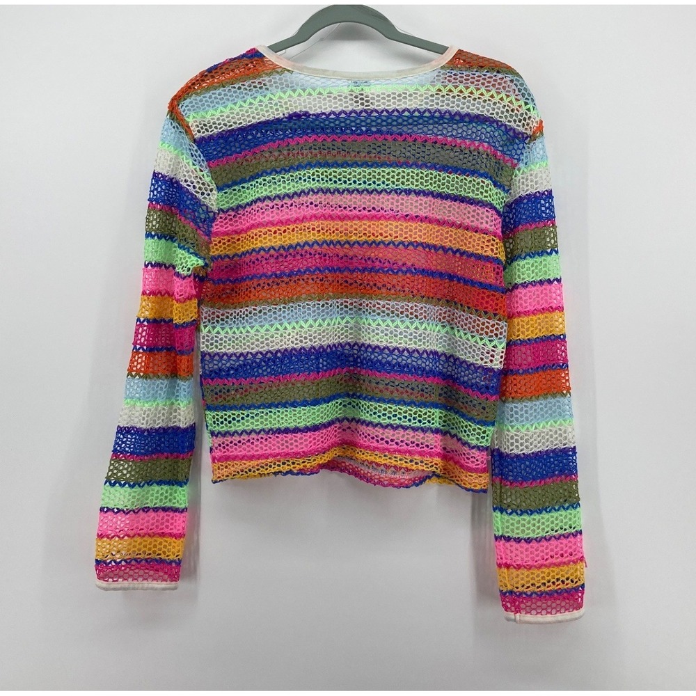Womens Multicolor Striped Mesh Long Sleeve Top Medium Festival Rave Concert Love - Picture 4 of 5